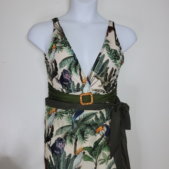 IDOPIP Tropical Print Green and Beige SWIMSUIT with sarong. - Picture 3 of 16